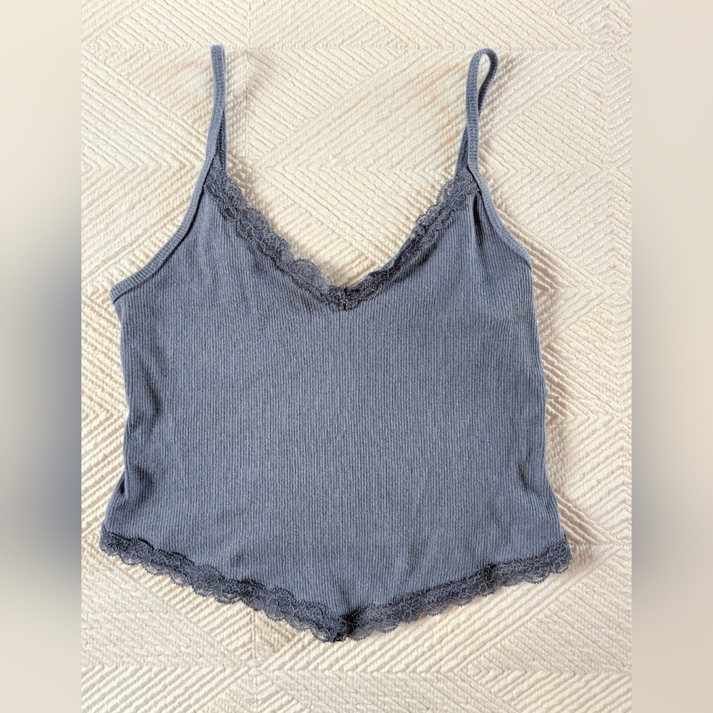 Hollister Navy Lace Trim Ribbed Bandana Hem Cami Small Tank Top
